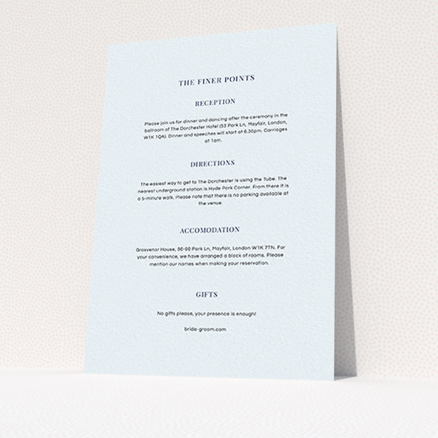A wedding information sheet design named "Bullet point". It is an A6 card in a portrait orientation. "Bullet point" is available as a flat card, with mainly light blue colouring.