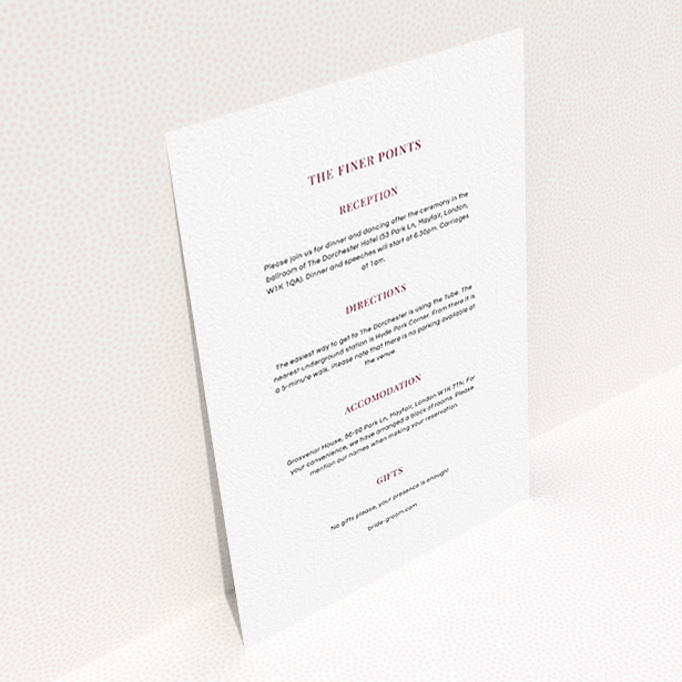 A wedding information sheet template titled "Bullet point". It is an A6 card in a portrait orientation. "Bullet point" is available as a flat card, with mainly white colouring.