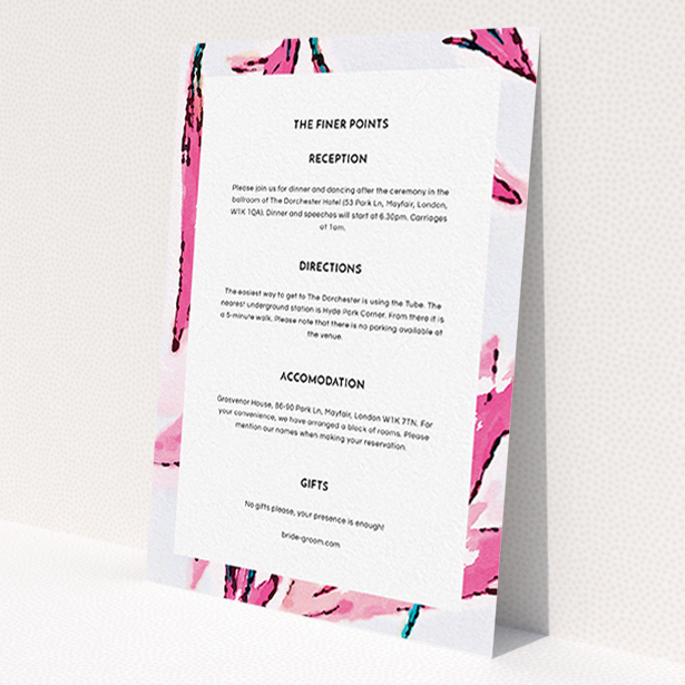 A wedding information sheet design named 'By the river bank'. It is an A6 card in a portrait orientation. 'By the river bank' is available as a flat card, with mainly pink colouring.