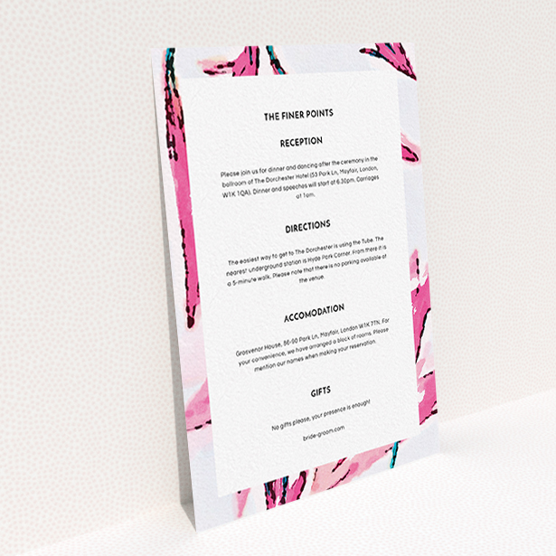 A wedding information sheet design named "By the river bank". It is an A6 card in a portrait orientation. "By the river bank" is available as a flat card, with mainly pink colouring.