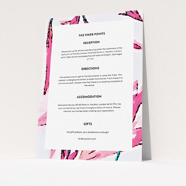 A wedding information sheet design named "By the river bank". It is an A6 card in a portrait orientation. "By the river bank" is available as a flat card, with mainly pink colouring.