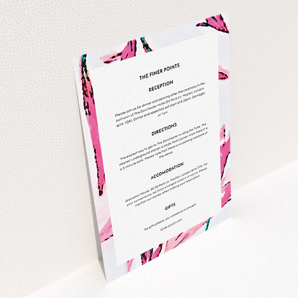 A wedding information sheet design named "By the river bank". It is an A6 card in a portrait orientation. "By the river bank" is available as a flat card, with mainly pink colouring.
