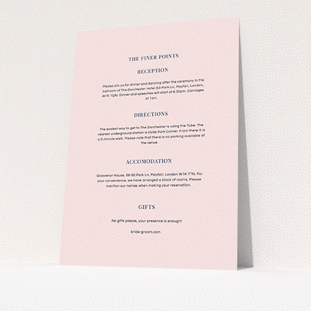 A wedding information sheet design called "Classic face". It is an A6 card in a portrait orientation. "Classic face" is available as a flat card, with mainly light pink colouring.