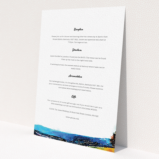 A wedding information sheet design titled 'Country Road'. It is an A6 card in a portrait orientation. 'Country Road' is available as a flat card, with tones of white and blue.