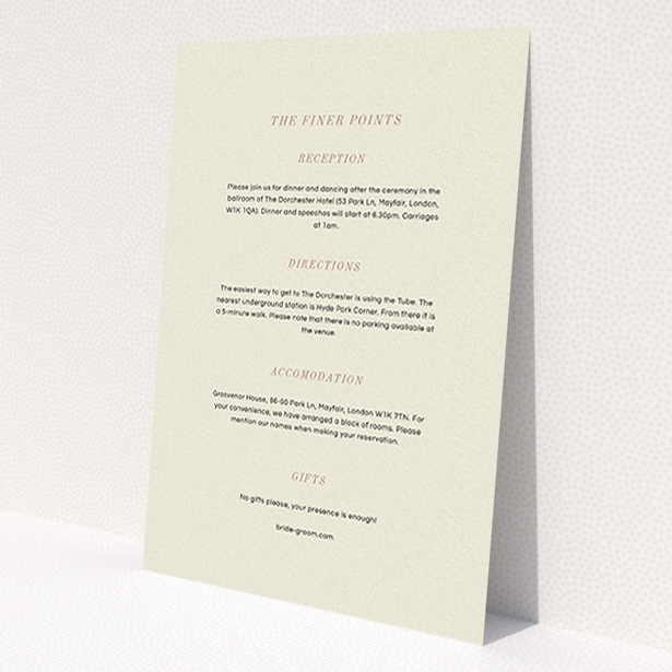 A wedding information sheet design named 'Nice and square'. It is an A6 card in a portrait orientation. 'Nice and square' is available as a flat card, with mainly cream colouring.