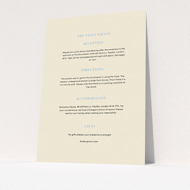A wedding information sheet template titled "North Star". It is an A6 card in a portrait orientation. "North Star" is available as a flat card, with mainly cream colouring.