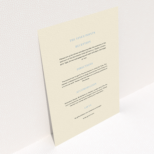 A wedding information sheet template titled "North Star". It is an A6 card in a portrait orientation. "North Star" is available as a flat card, with mainly cream colouring.