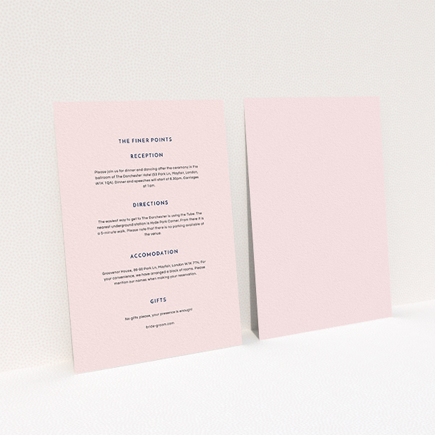 A wedding information sheet design called "Off and away". It is an A6 card in a portrait orientation. "Off and away" is available as a flat card, with mainly light pink colouring.