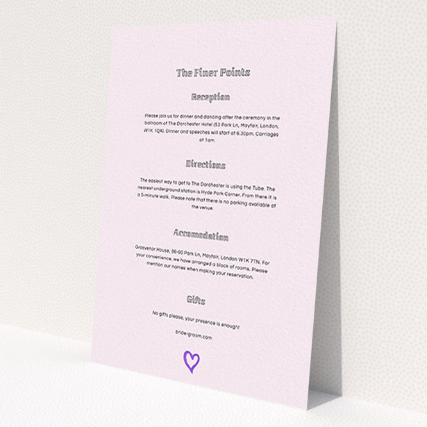 A wedding information sheet named 'One little heart'. It is an A6 card in a portrait orientation. 'One little heart' is available as a flat card, with mainly light pink colouring.