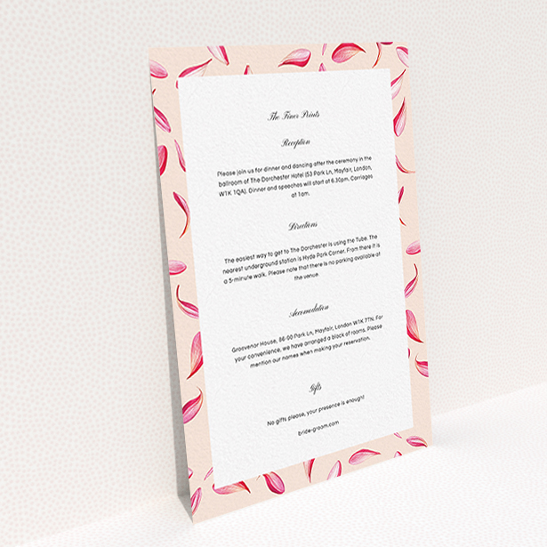 A wedding information sheet design named "Petal avalanche". It is an A6 card in a portrait orientation. "Petal avalanche" is available as a flat card, with tones of pink and dark pink.