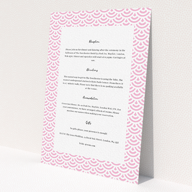 A wedding information sheet called 'Pink Fans'. It is an A6 card in a portrait orientation. 'Pink Fans' is available as a flat card, with mainly light pink colouring.