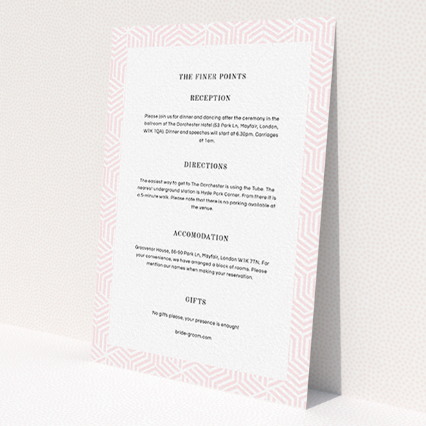 A wedding information sheet design titled 'Pink geometric maze'. It is an A6 card in a portrait orientation. 'Pink geometric maze' is available as a flat card, with tones of light pink and white.