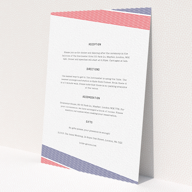 A wedding information sheet design called 'Preppy Lines'. It is an A6 card in a portrait orientation. 'Preppy Lines' is available as a flat card, with tones of white and red.