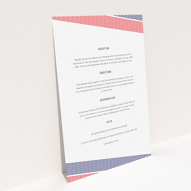 A wedding information sheet design called "Preppy Lines". It is an A6 card in a portrait orientation. "Preppy Lines" is available as a flat card, with tones of white and red.