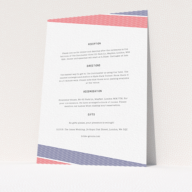 A wedding information sheet design called "Preppy Lines". It is an A6 card in a portrait orientation. "Preppy Lines" is available as a flat card, with tones of white and red.