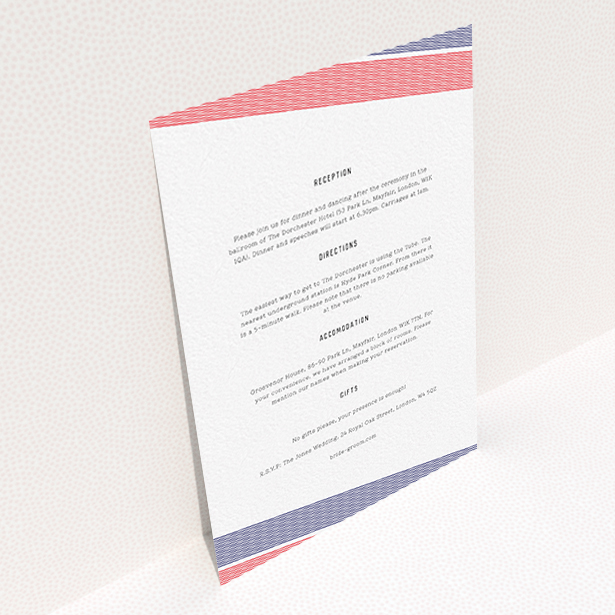 A wedding information sheet design called "Preppy Lines". It is an A6 card in a portrait orientation. "Preppy Lines" is available as a flat card, with tones of white and red.