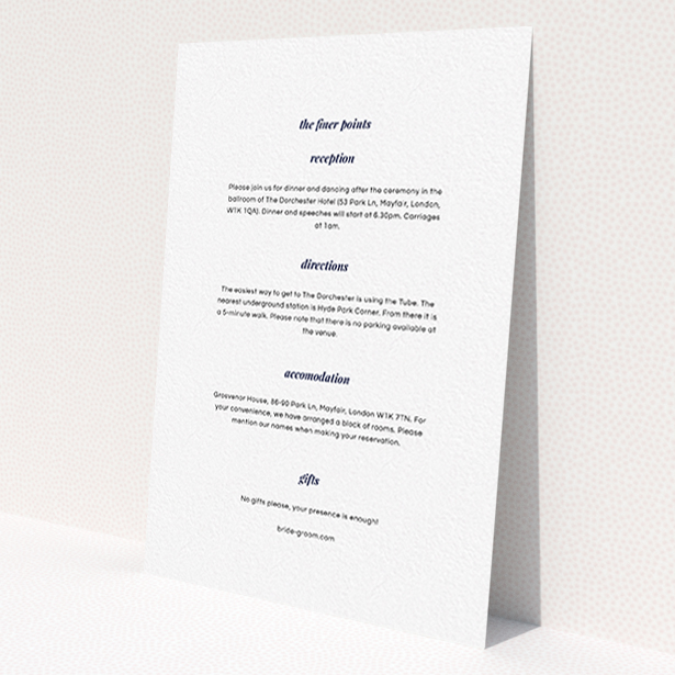 A wedding information sheet named 'Script switch'. It is an A6 card in a portrait orientation. 'Script switch' is available as a flat card, with mainly white colouring.