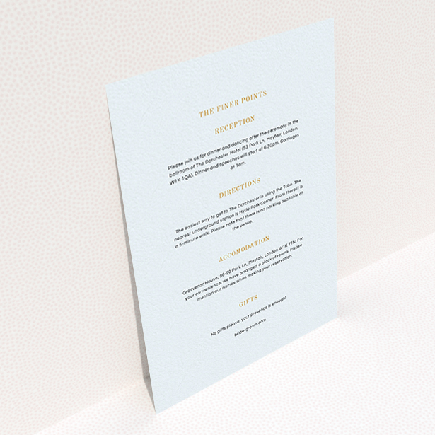 A wedding information sheet design named "See you at the reception". It is an A6 card in a portrait orientation. "See you at the reception" is available as a flat card, with mainly light blue colouring.