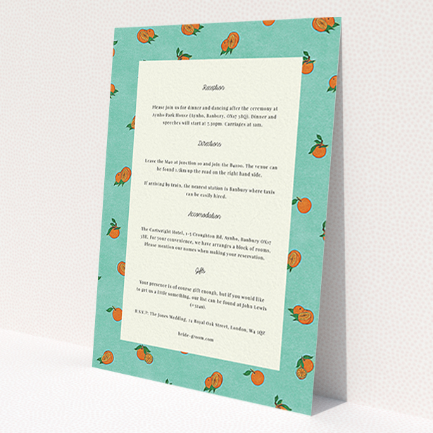 A wedding information sheet design titled 'Seville'. It is an A6 card in a portrait orientation. 'Seville' is available as a flat card, with tones of light green and orange.