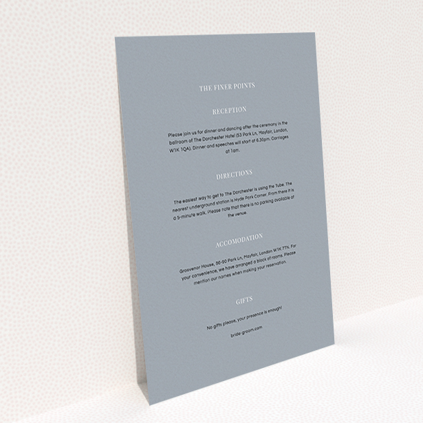 A wedding information sheet design called "Shaded sundial". It is an A6 card in a portrait orientation. "Shaded sundial" is available as a flat card, with mainly dark grey colouring.