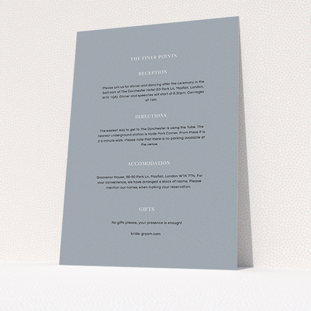 A wedding information sheet design called "Shaded sundial". It is an A6 card in a portrait orientation. "Shaded sundial" is available as a flat card, with mainly dark grey colouring.