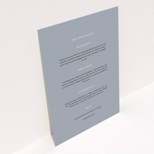 A wedding information sheet design called "Shaded sundial". It is an A6 card in a portrait orientation. "Shaded sundial" is available as a flat card, with mainly dark grey colouring.