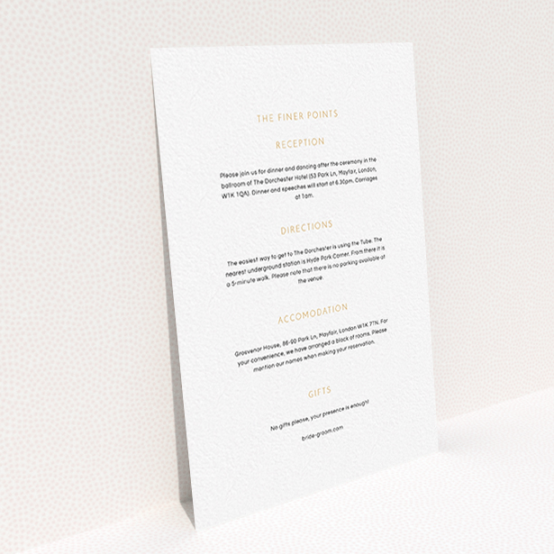 A wedding information sheet design named "Simple lines". It is an A6 card in a portrait orientation. "Simple lines" is available as a flat card, with mainly white colouring.