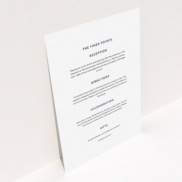 A wedding information sheet design named "Simple lines". It is an A6 card in a portrait orientation. "Simple lines" is available as a flat card, with mainly white colouring.