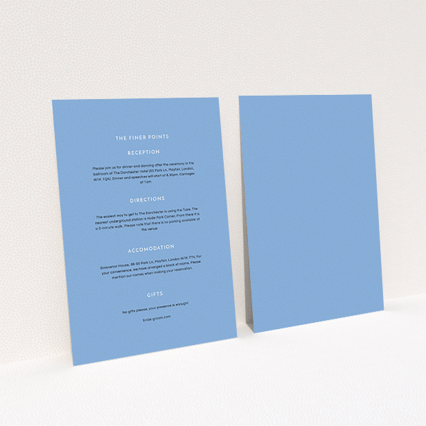 A wedding information sheet called "Simple lines". It is an A6 card in a portrait orientation. "Simple lines" is available as a flat card, with mainly light blue colouring.