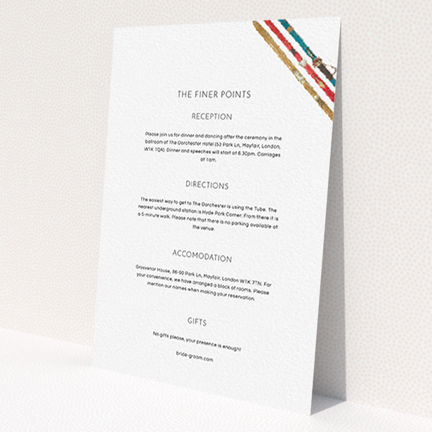 A wedding information sheet design named 'Ski pass'. It is an A6 card in a portrait orientation. 'Ski pass' is available as a flat card, with tones of white and blue.