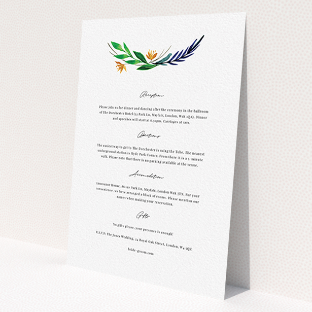 A wedding information sheet called 'Summer Whirl Wreath'. It is an A6 card in a portrait orientation. 'Summer Whirl Wreath' is available as a flat card, with tones of white and green.