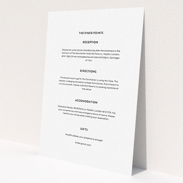 A wedding information sheet called 'Surrounded'. It is an A6 card in a portrait orientation. 'Surrounded' is available as a flat card, with mainly white colouring.