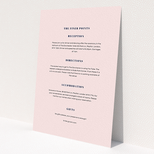 A wedding information sheet design titled 'Take on the sides'. It is an A6 card in a portrait orientation. 'Take on the sides' is available as a flat card, with mainly light pink colouring.