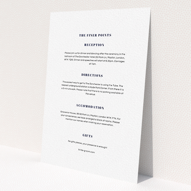 A wedding information sheet called 'Take on the sides'. It is an A6 card in a portrait orientation. 'Take on the sides' is available as a flat card, with mainly white colouring.