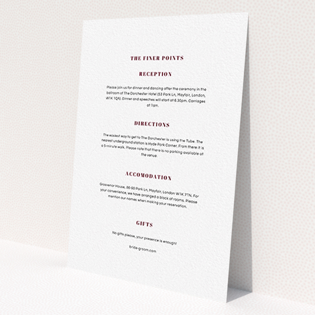 A wedding information sheet design titled 'Take on the sides'. It is an A6 card in a portrait orientation. 'Take on the sides' is available as a flat card, with mainly white colouring.