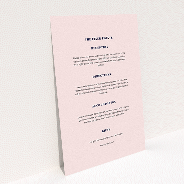 A wedding information sheet design titled "Take on the sides". It is an A6 card in a portrait orientation. "Take on the sides" is available as a flat card, with mainly light pink colouring.
