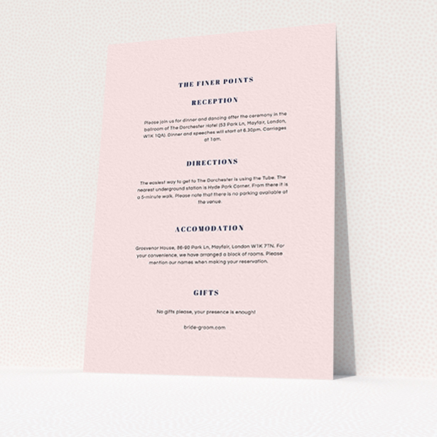 A wedding information sheet design titled "Take on the sides". It is an A6 card in a portrait orientation. "Take on the sides" is available as a flat card, with mainly light pink colouring.