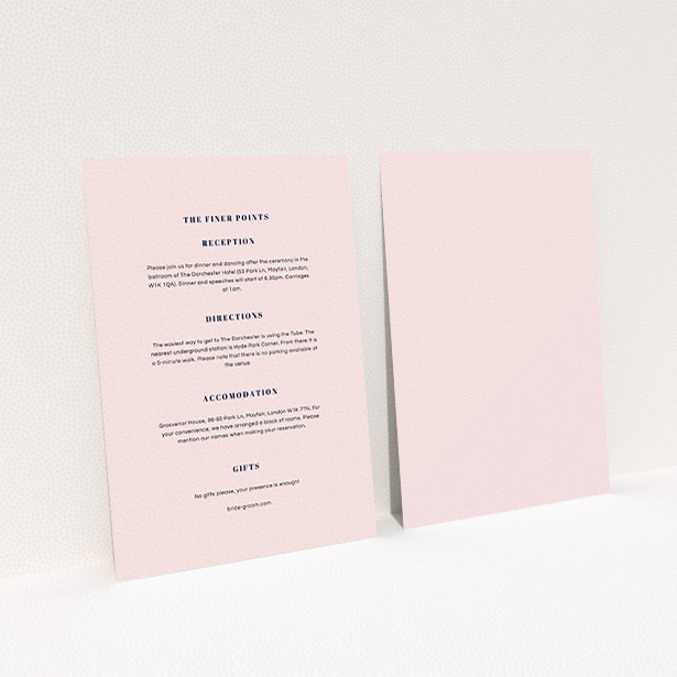A wedding information sheet design titled "Take on the sides". It is an A6 card in a portrait orientation. "Take on the sides" is available as a flat card, with mainly light pink colouring.