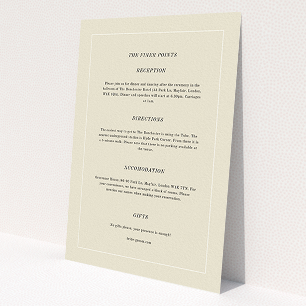 A wedding information sheet template titled 'Three line border'. It is an A6 card in a portrait orientation. 'Three line border' is available as a flat card, with mainly cream colouring.