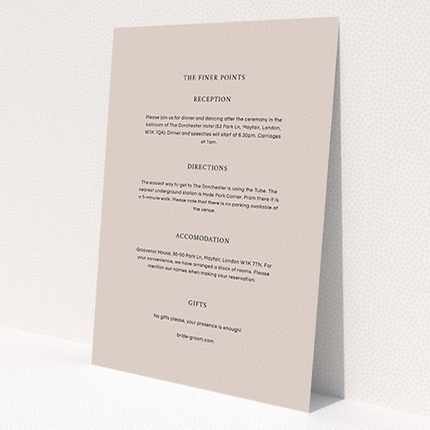 A wedding information sheet named 'To the left'. It is an A6 card in a portrait orientation. 'To the left' is available as a flat card, with mainly faded cream colouring.