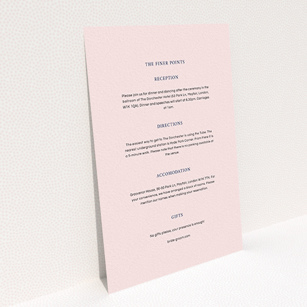 A wedding information sheet design called "To the left". It is an A6 card in a portrait orientation. "To the left" is available as a flat card, with mainly light pink colouring.