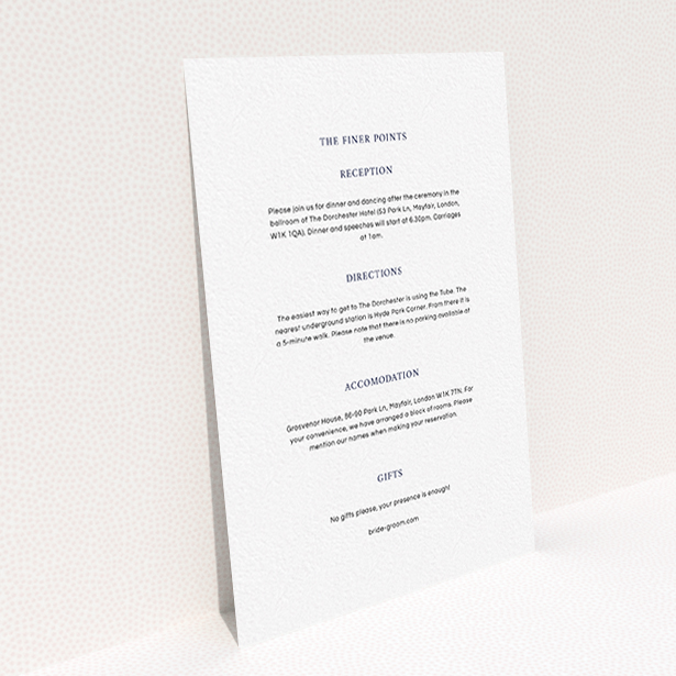 A wedding information sheet called "To the left". It is an A6 card in a portrait orientation. "To the left" is available as a flat card, with mainly white colouring.