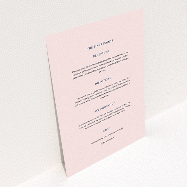 A wedding information sheet design called "To the left". It is an A6 card in a portrait orientation. "To the left" is available as a flat card, with mainly light pink colouring.
