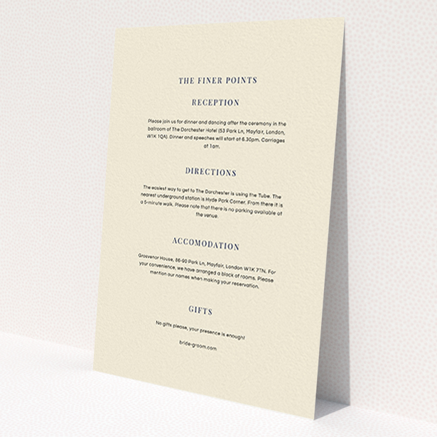 A wedding information sheet design called 'To the right'. It is an A6 card in a portrait orientation. 'To the right' is available as a flat card, with mainly cream colouring.