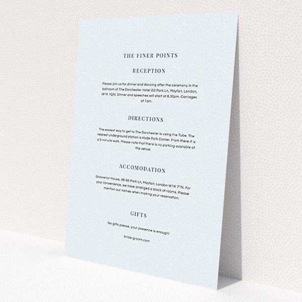 A wedding information sheet design named 'To the right'. It is an A6 card in a portrait orientation. 'To the right' is available as a flat card, with mainly light blue colouring.