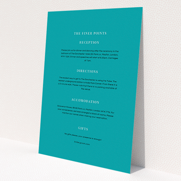 A wedding information sheet called 'To the right'. It is an A6 card in a portrait orientation. 'To the right' is available as a flat card, with tones of teal and white.