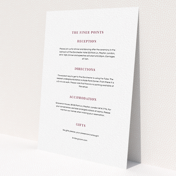 A wedding information sheet template titled 'To the right'. It is an A6 card in a portrait orientation. 'To the right' is available as a flat card, with mainly white colouring.