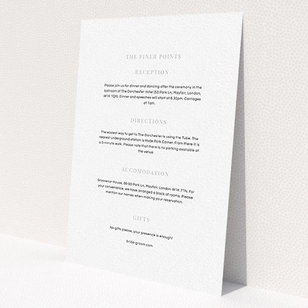 A wedding information sheet design named 'To the right'. It is an A6 card in a portrait orientation. 'To the right' is available as a flat card, with mainly white colouring.