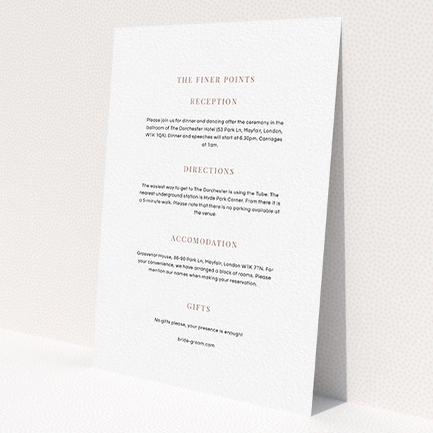 A wedding information sheet named 'To the right'. It is an A6 card in a portrait orientation. 'To the right' is available as a flat card, with mainly white colouring.