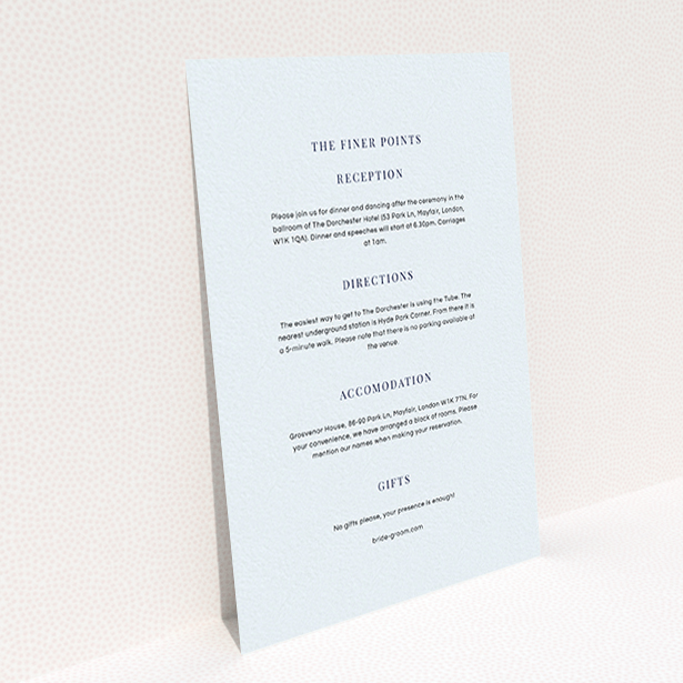 A wedding information sheet design named "To the right". It is an A6 card in a portrait orientation. "To the right" is available as a flat card, with mainly light blue colouring.